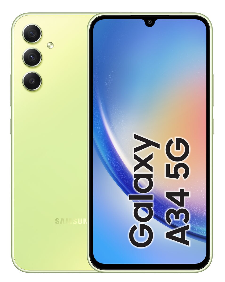Zielony telefon Samsung Galaxy A34 5G, z potrójnym aparatem i dużym ekranem.