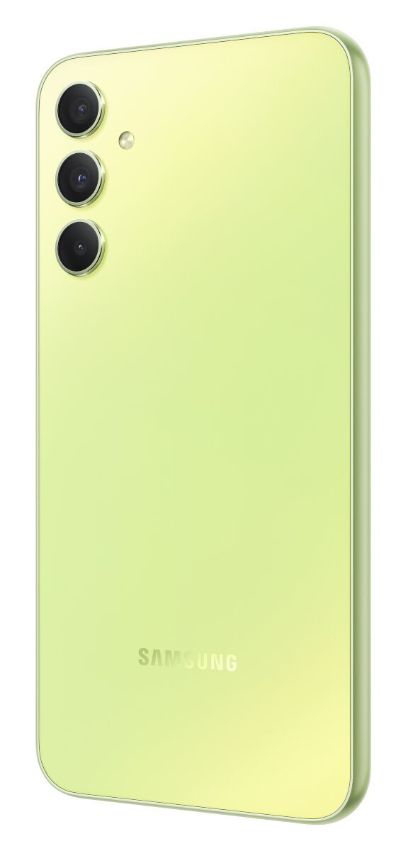 Tył zielonego smartfona, z trzema tylnymi aparatami i logo Samsung.