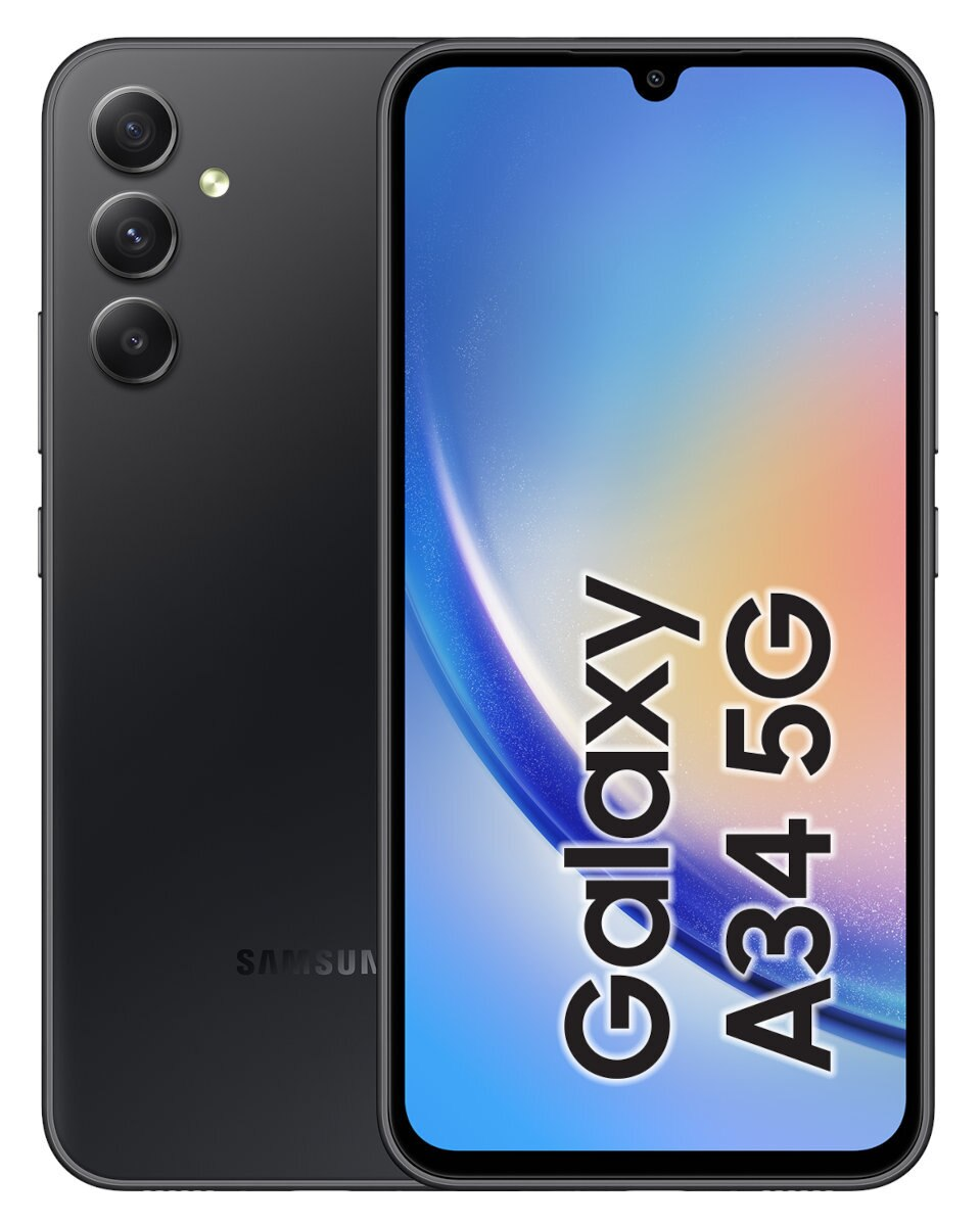 Czarny telefon Samsung Galaxy A34 5G, widok z tyłu i z przodu, wyświetlający ekran.