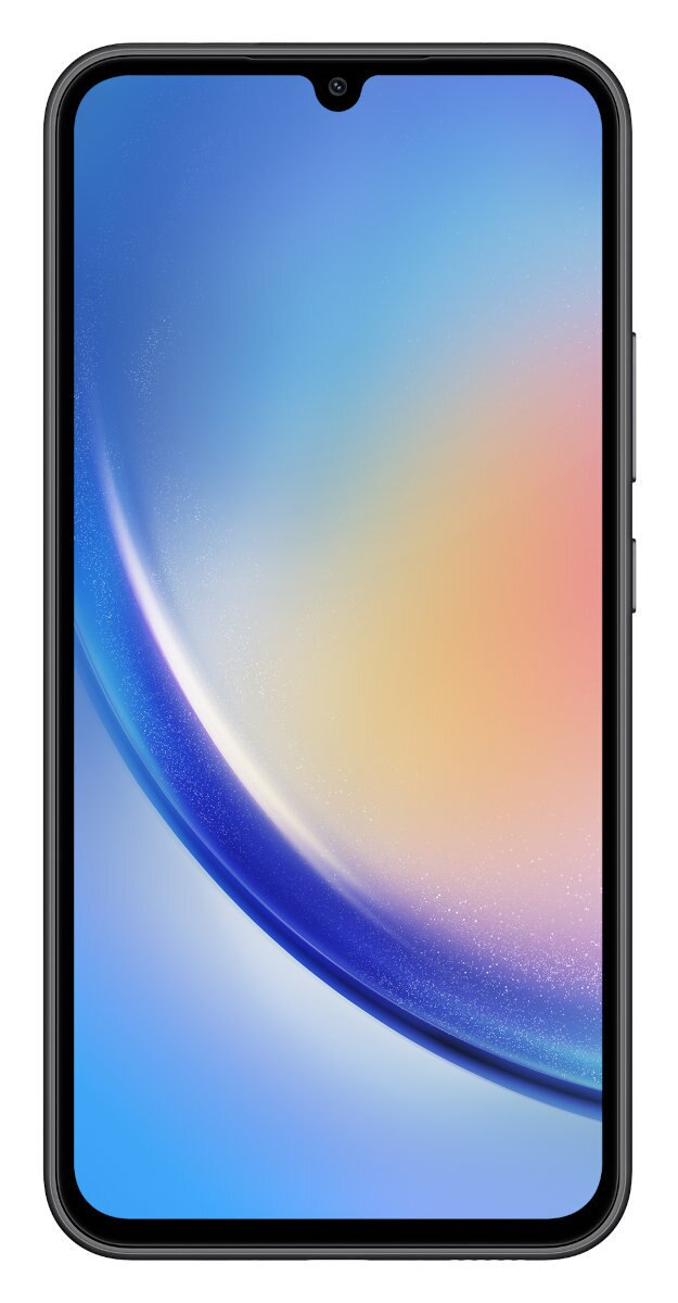 Przód smartfona z zakrzywionym ekranem, przedstawiający niebiesko-pomarańczowy gradient.