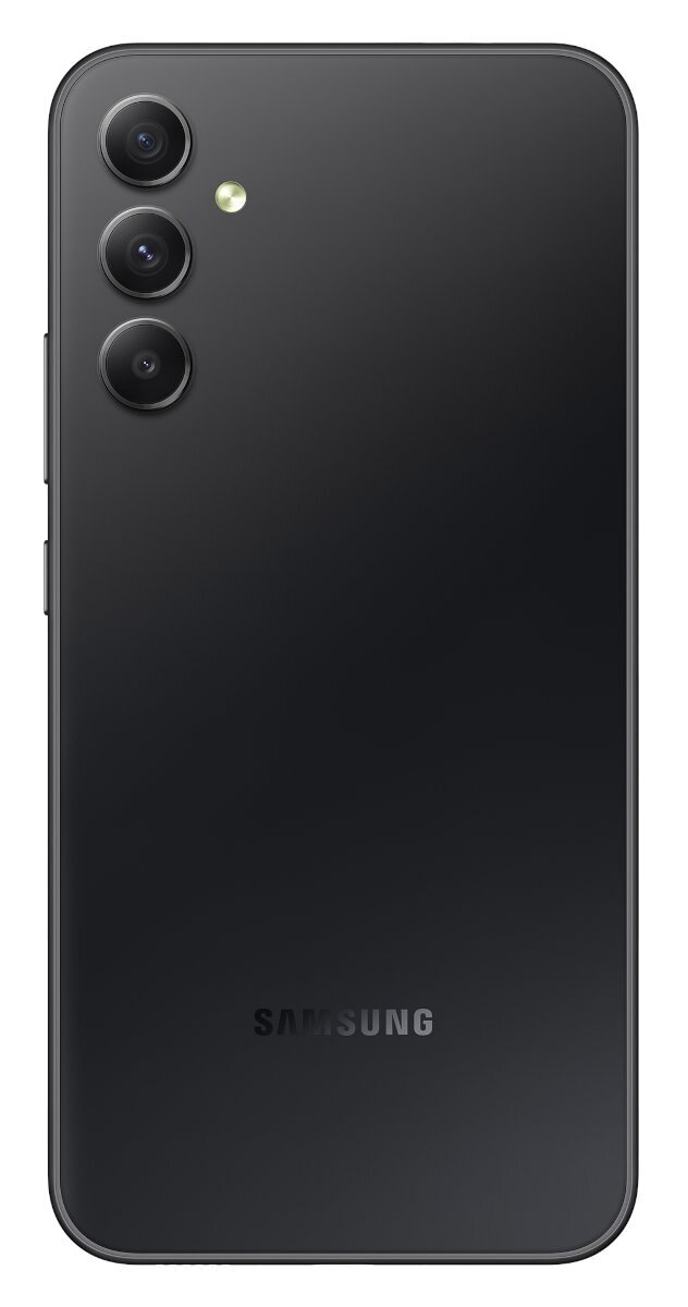 Czarny tył smartfona z aparatami i logo Samsung. Czarna, błyszcząca powierzchnia.