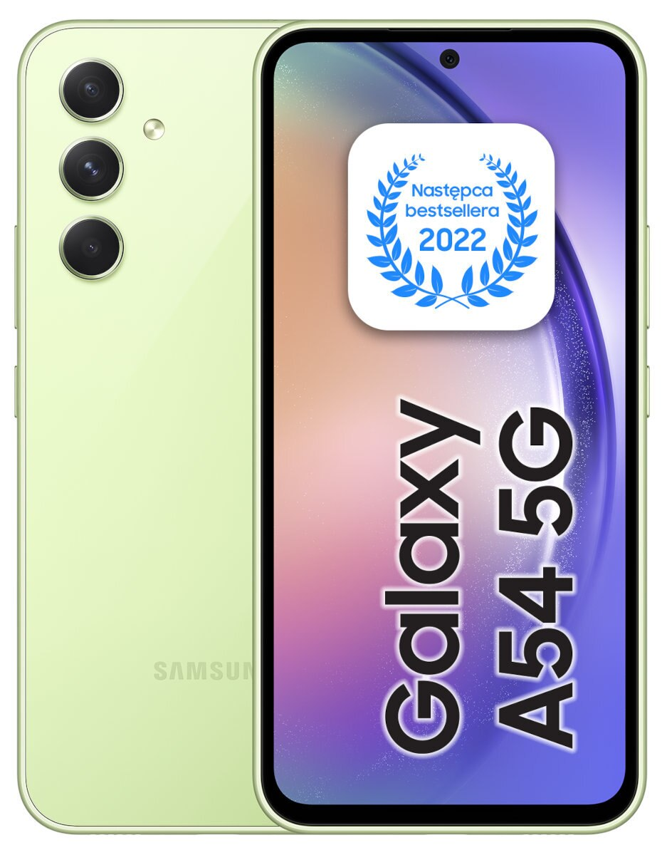 Zielony telefon Samsung Galaxy z trzema aparatami. Ma naklejkę 'Bestseller'.