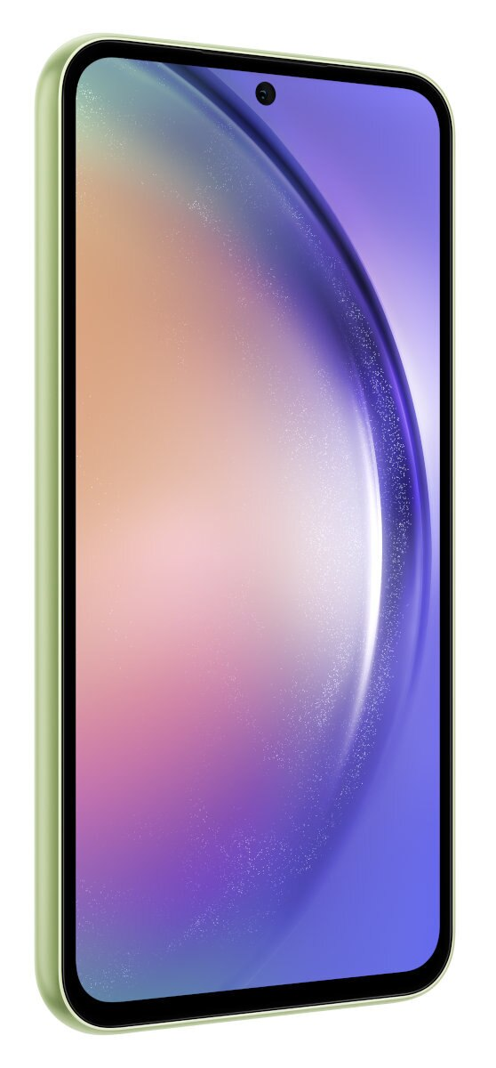 Zielony telefon pod kątem pokazujący ekran z kolorowym tłem.