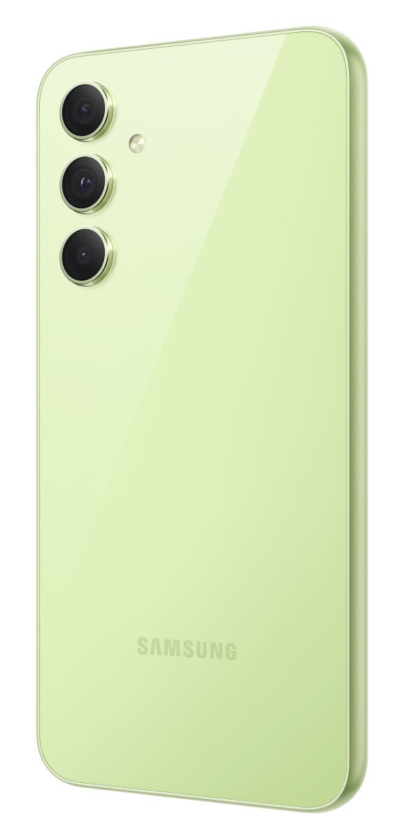 Tył zielonego telefonu Samsung z trzema aparatami i logo Samsung.