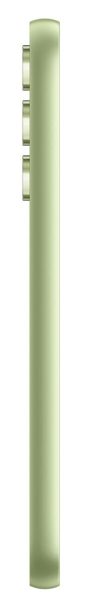 Widok z boku zielonego smartfona. Widoczne przyciski głośności. Białe tło.