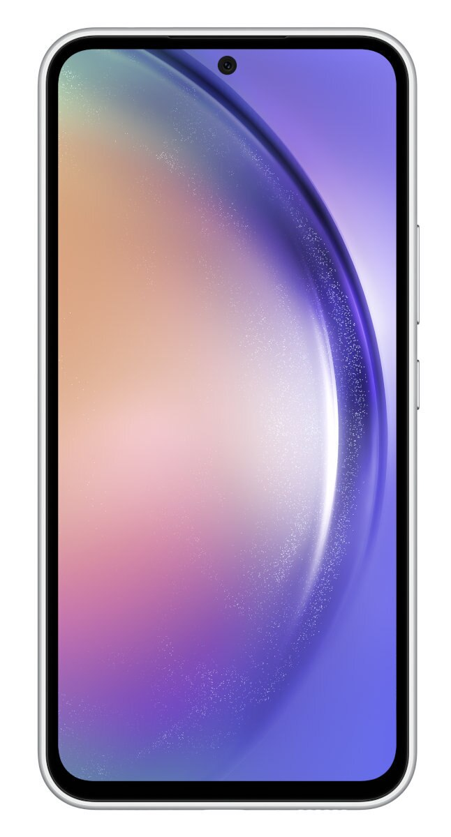 Srebrny smartfon z jasno pomarańczowym i fioletowym tłem na ekranie, białe tło.