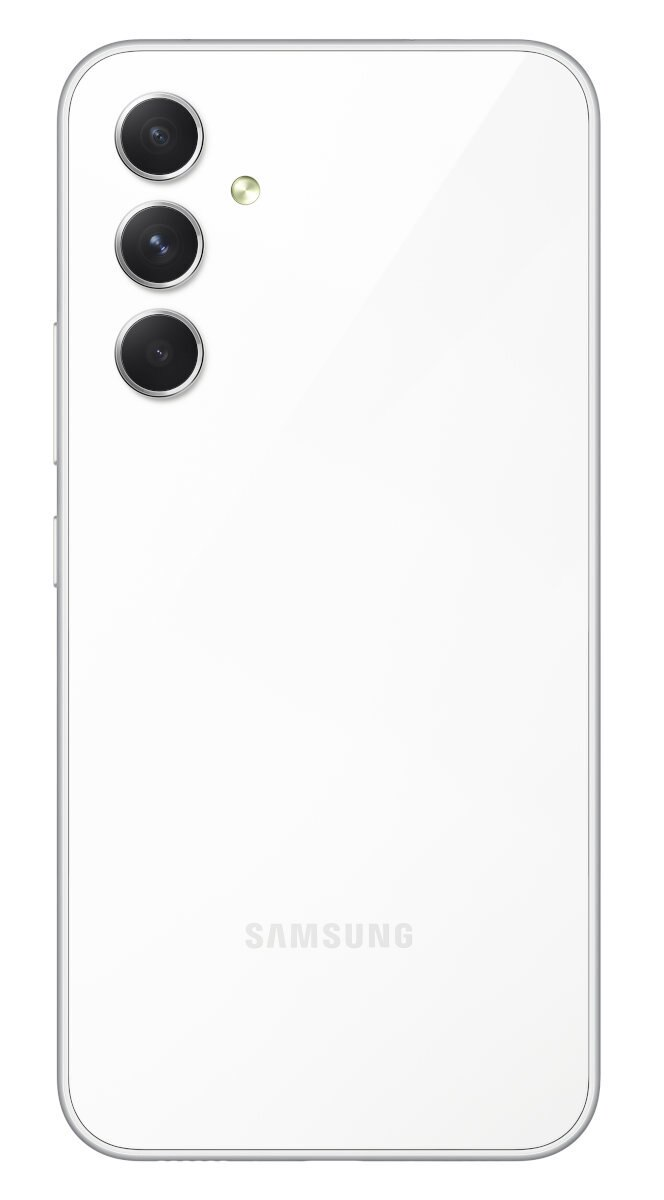 Tył białego smartfona z trzema obiektywami aparatu i logo Samsung. Obiektywy są ustawione pionowo.