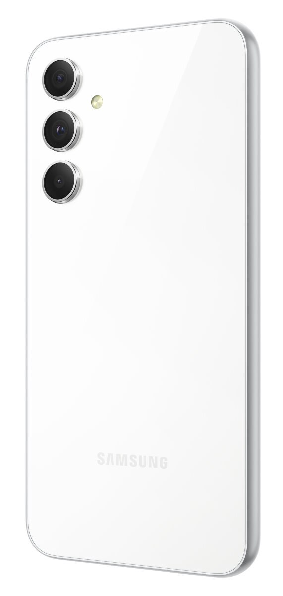 Biały smartfon z trzema aparatami, logo Samsung i błyszczącym tyłem.