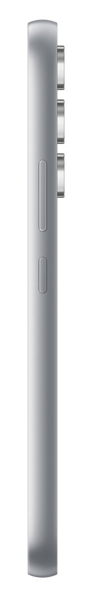 Boczna strona srebrnego telefonu. Widoczne przyciski i kamery. Białe tło.