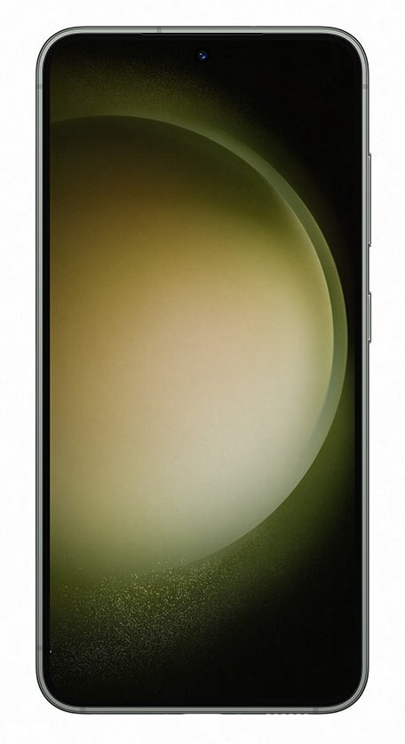 Zielonkawy smartfon z jasnym ekranem, widok z przodu, ciemne tło.