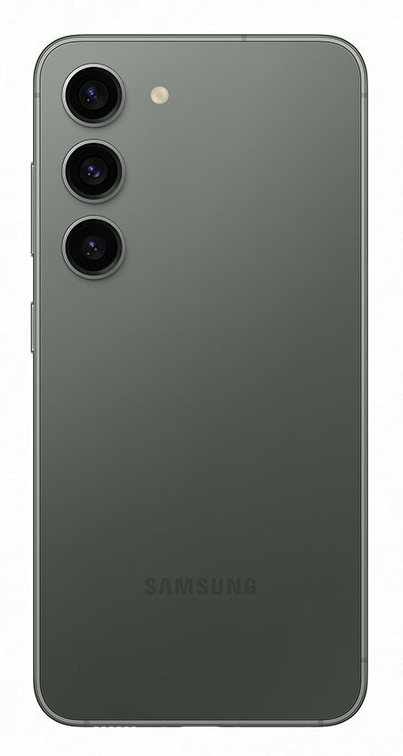 Tył szarego telefonu Samsung z trzema aparatami i logo Samsung.