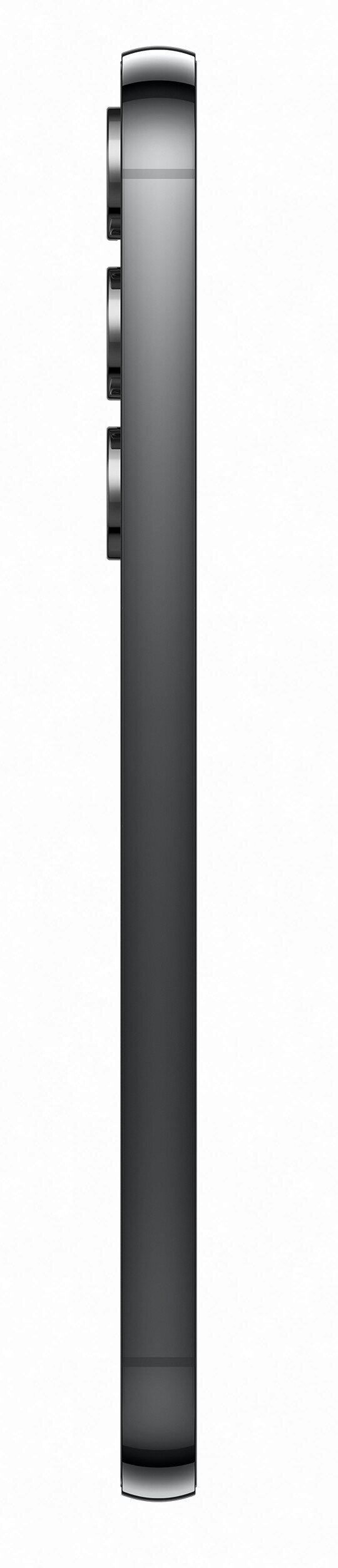 Widok z boku ciemnoszarego telefonu. Przyciski głośności i obiektywy aparatu.