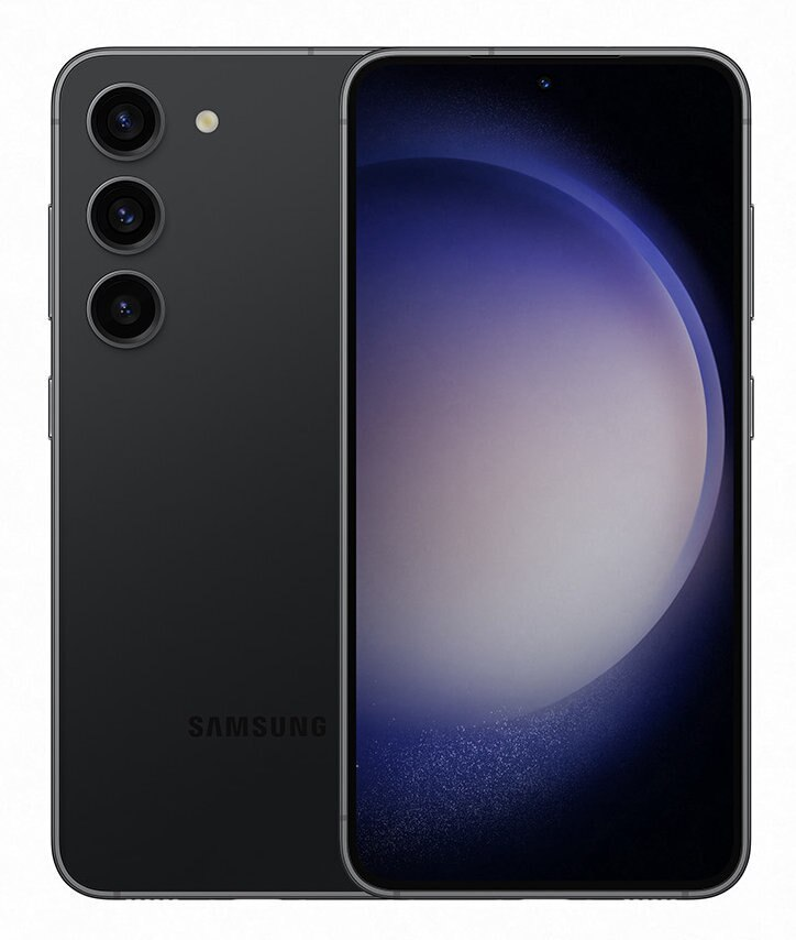 Czarny smartfon z ekranem pokazującym niebiesko-fioletowy gradient. Widoczne tylne kamery.