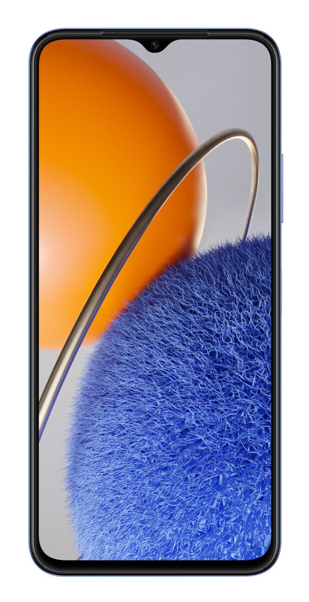 Niebieski telefon z ekranem wyświetlającym pomarańczowy i niebieski abstrakcyjny wzór. Widoczny srebrny pasek.