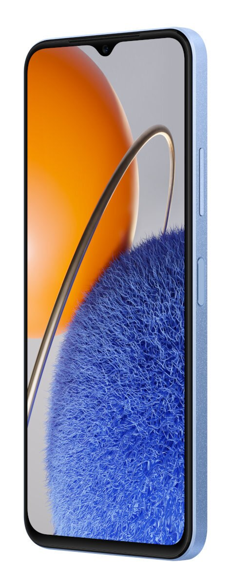 Jasnoniebieski telefon z zakrzywionym ekranem i pomarańczowo-niebieską grafiką.