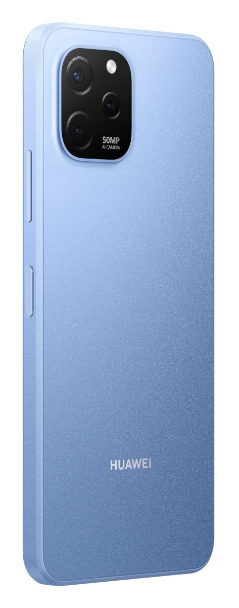 Jasnoniebieski smartfon z zestawem kamer i logo Huawei.