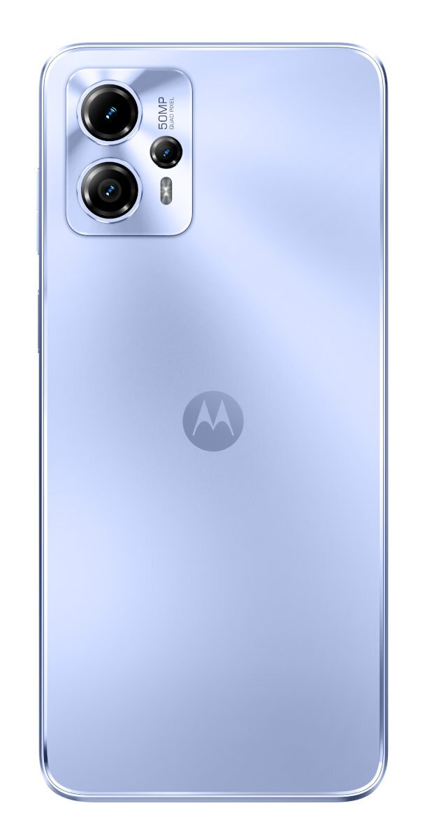 Niebieski tył telefonu Motorola z aparatami i logo. Aparat poczwórny 50MP.