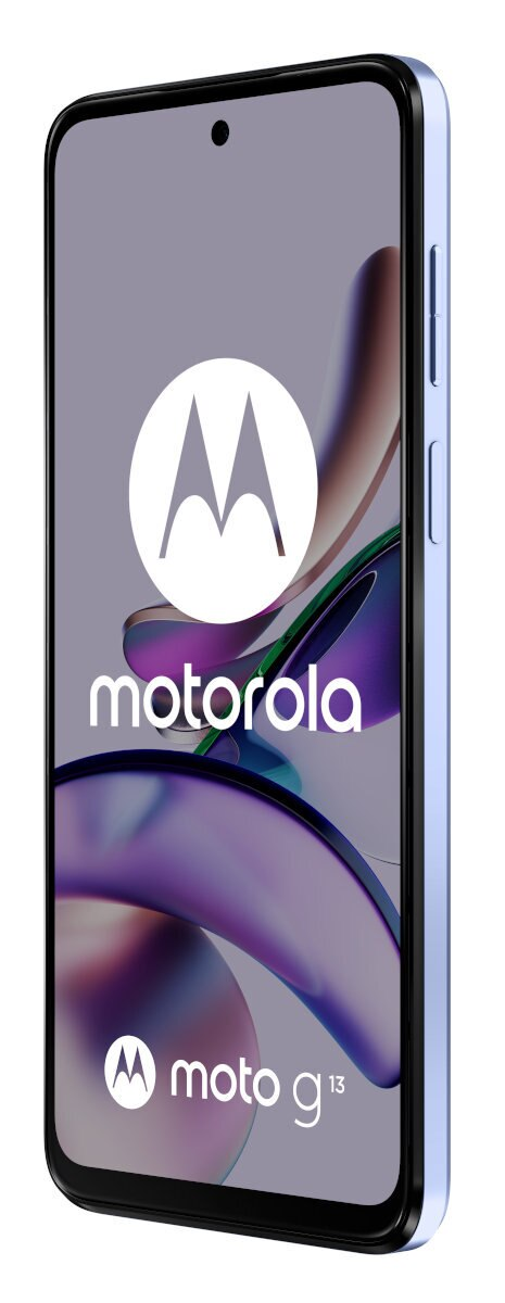 Telefon Motorola z przednim ekranem pokazującym logo i frazę moto g13, niebieska ramka.