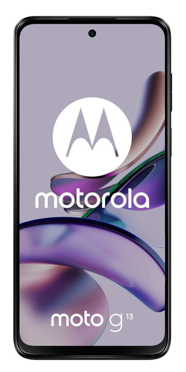 Smartfon z logo Motorola i napisem 'motorola moto g13' na ekranie, z jasnofioletowym tłem.