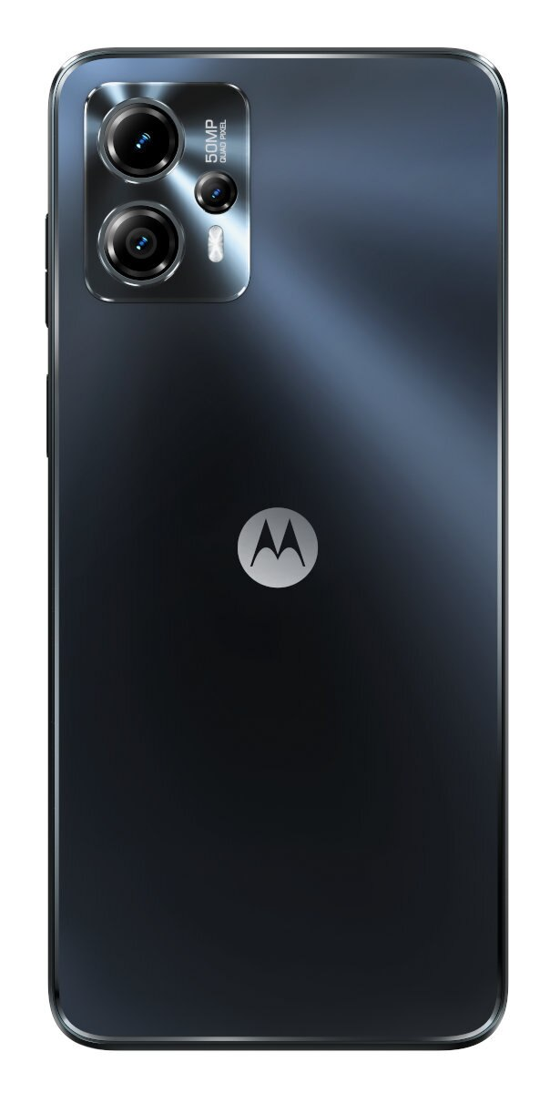 Czarny tył telefonu Motorola. Podwójny aparat, logo Motorola. Ciemnoniebieski gradient.