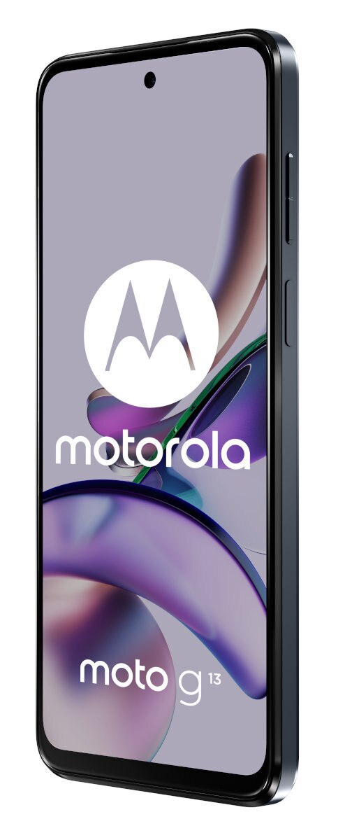 Telefon Motorola Moto G13 w widoku bocznym, pokazujący ekran i przyciski boczne. Logo jest widoczne.