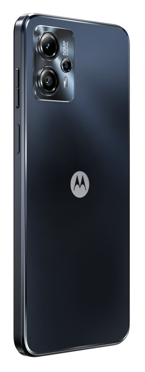 Ciemnoniebieski tył telefonu Motorola z logo i aparatami.