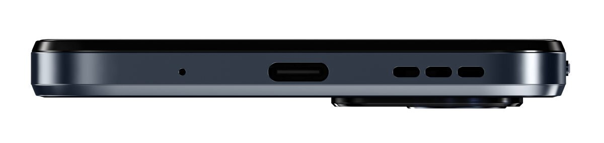 Widok od dołu ciemnego smartfona z portem USB-C, otworami głośnika i modułem aparatu.
