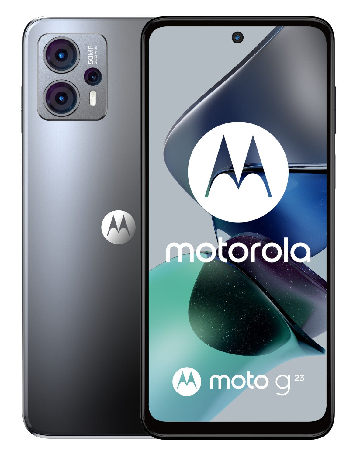 Wyświetlany jest szary telefon Motorola. Ekran jest włączony i pokazuje logo Motorola.