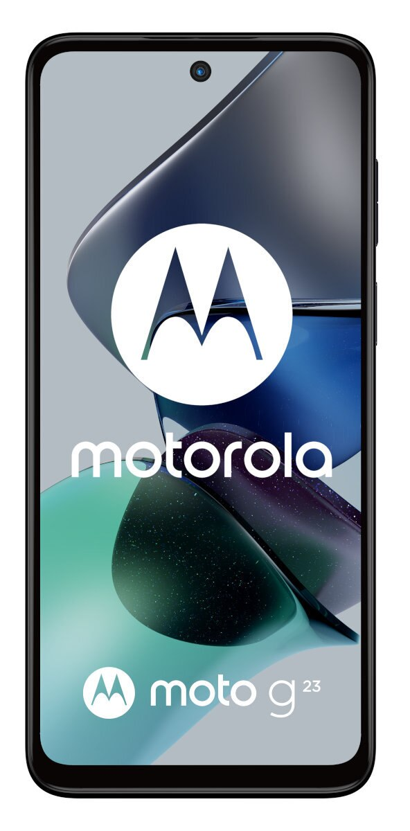 Smartfon Motorola na białym tle, czarna ramka, ekran z logo i tekstem moto g23.