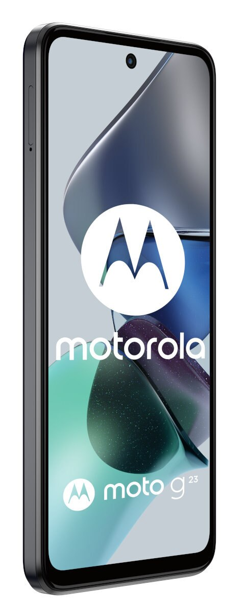 Smartfon Motorola Moto G23, czarna ramka, białe logo Motorola i tekst Moto G23 na ekranie.