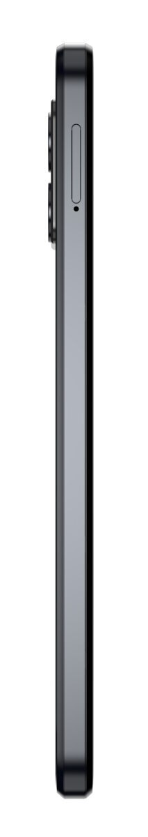 Widok z boku ciemnego telefonu z modułem aparatu i przyciskami. Tło jest białe.