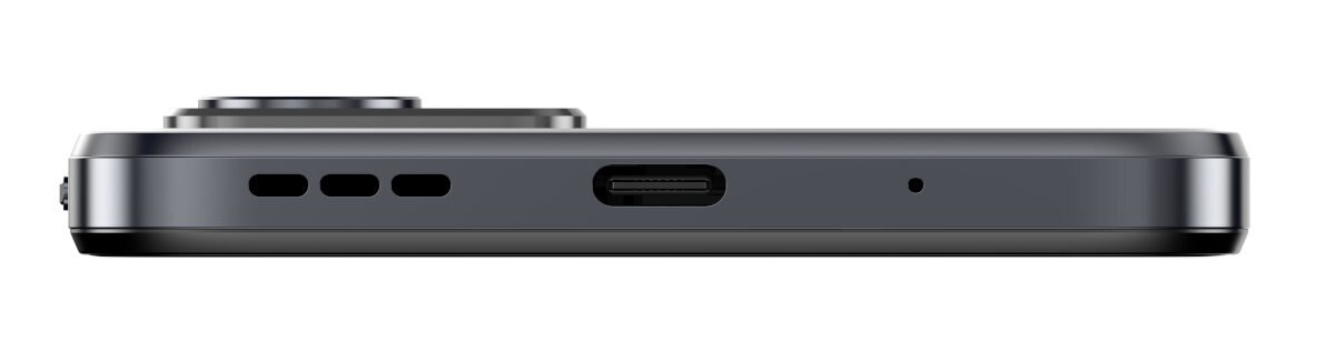 Widok z boku telefonu z portami, w tym USB-C i mikrofonem.