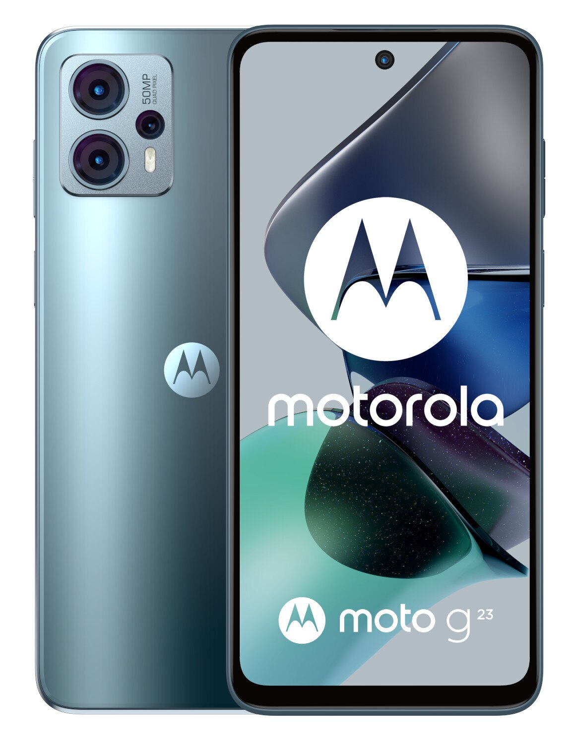 Telefon Motorola moto g23. Niebieski tył, trzy aparaty. Ekran z logo Motorola i tekstem 'moto g23'.