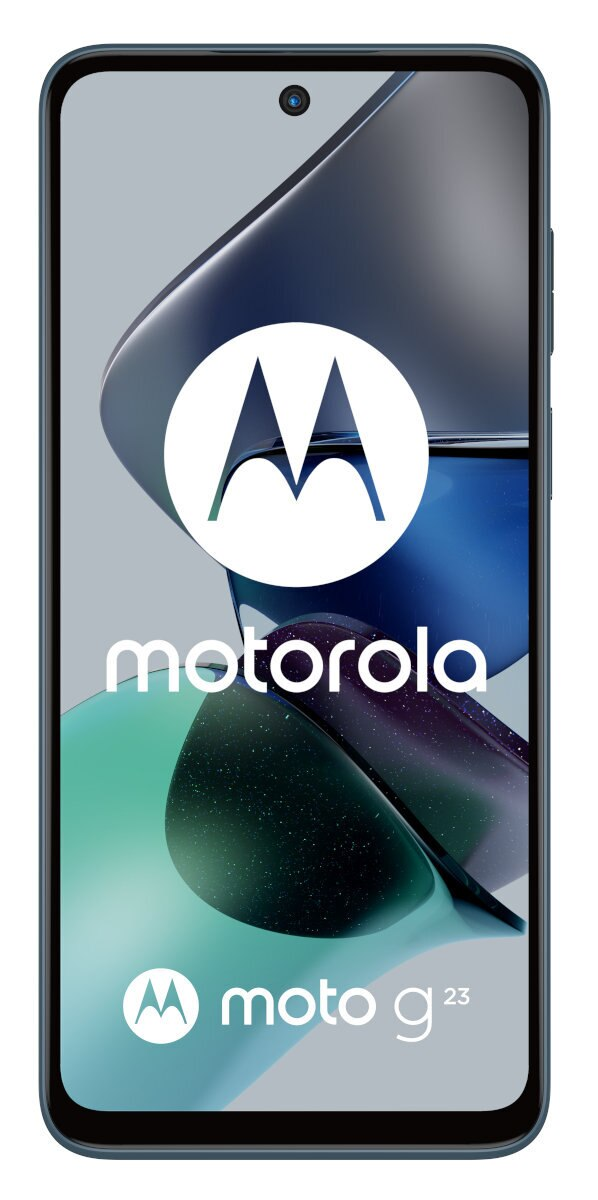 Telefon Motorola z dużym ekranem wyświetlającym logo i tekst.