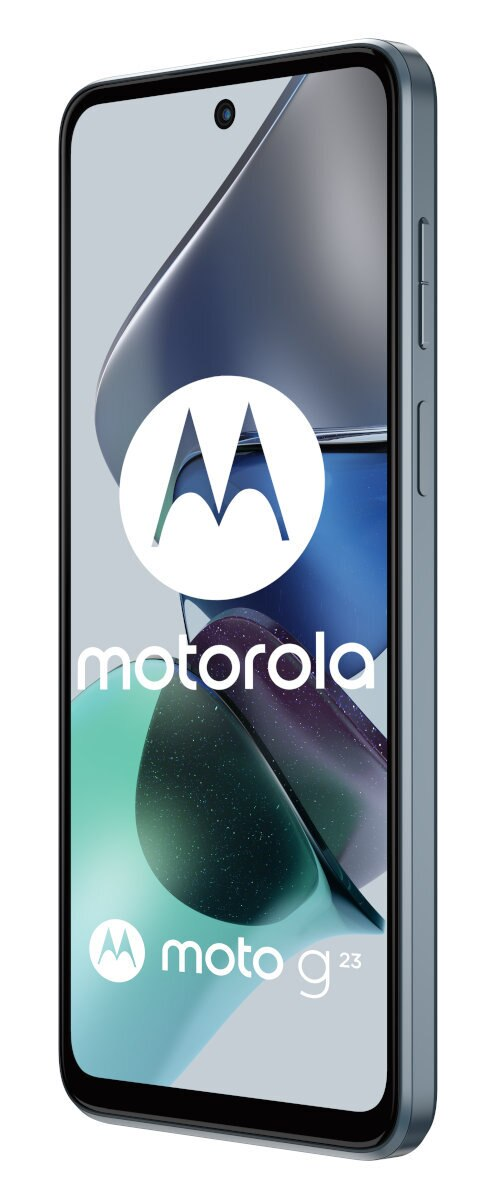 Telefon Motorola na białym tle, niebieska ramka. Wyświetla logo Motorola i moto g23.
