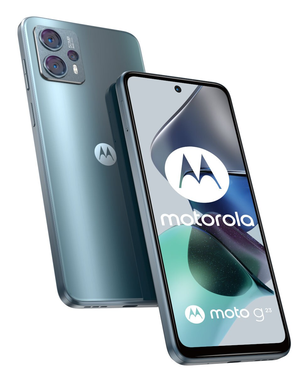 Telefon Motorola z dwutonowym designem, pokazujący tył i ekran.
