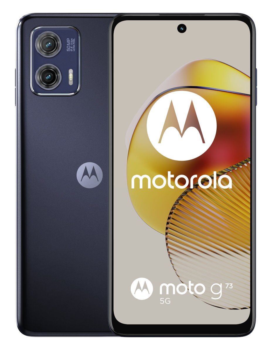 Ciemnoniebieski telefon Motorola. Podwójne kamery z tyłu. Duży ekran wyświetla logo Motorola.
