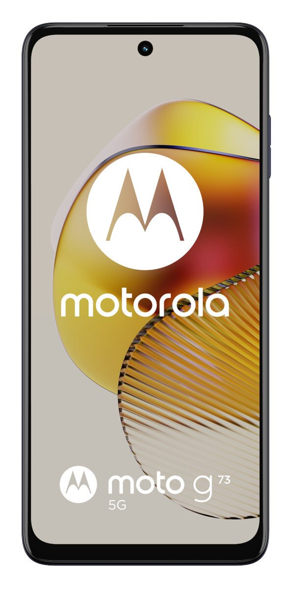 Telefon Motorola moto g73 5G z logo Motorola i napisem 'moto g73 5G'.