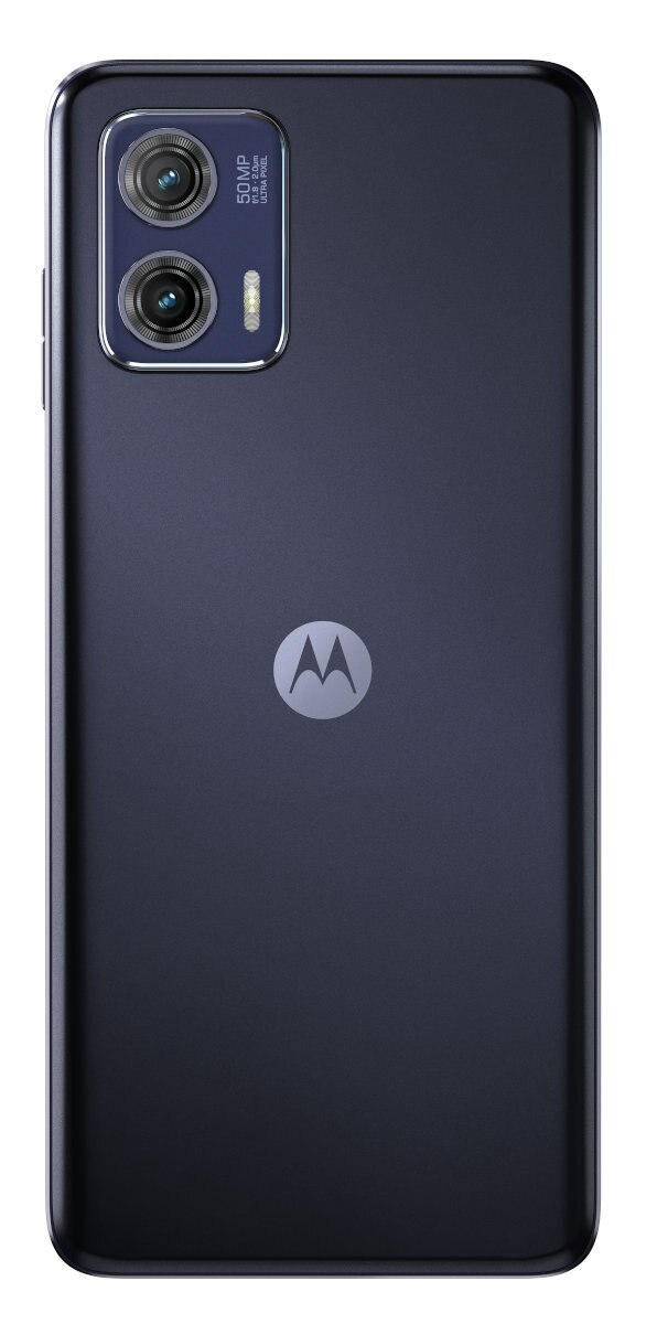 Tył czarnego smartfona z podwójnymi aparatami i logo. Ciemnoniebieska powierzchnia, nowoczesny.