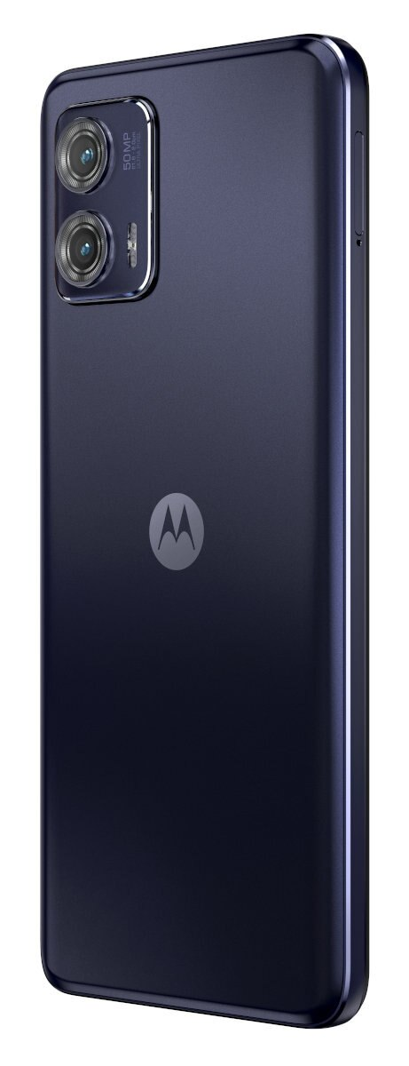 Ciemnoniebieski smartfon z dwoma aparatami i logo Motorola.