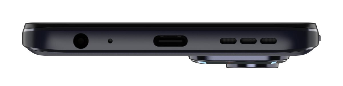 Widok od dołu czarnego smartfona z gniazdem słuchawkowym, portem ładowania i przyciskami głośności.