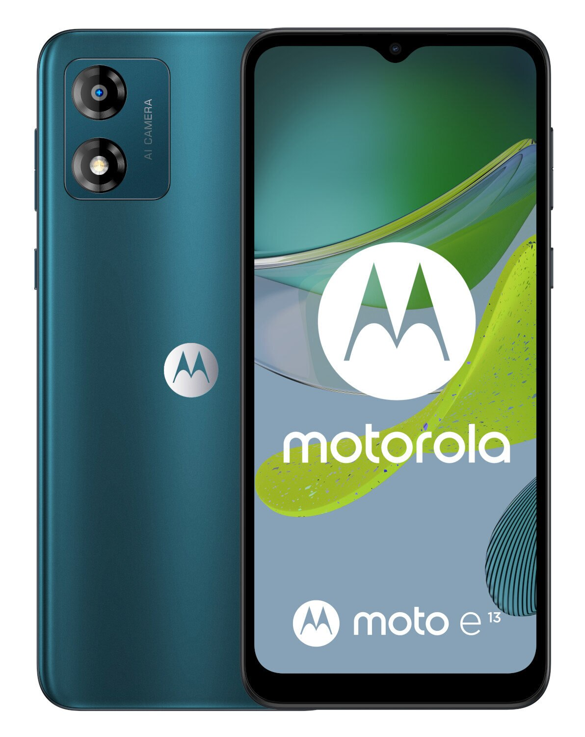 Turkusowy telefon Motorola, pokazujący ekran z ikonami.