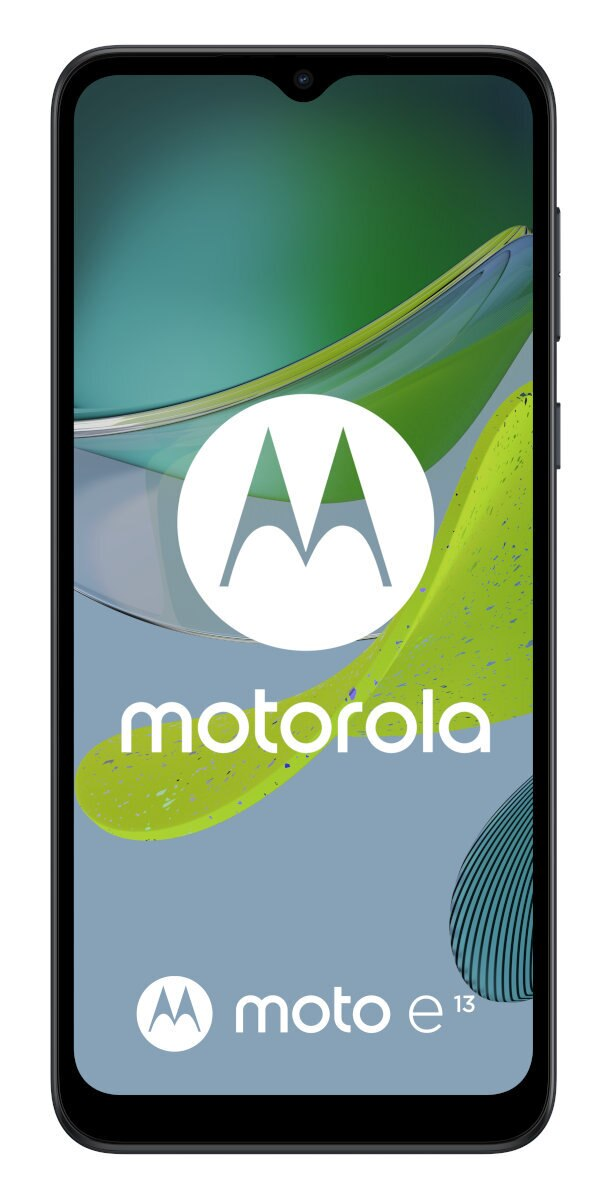 Smartfon z białym logo i tekstem Motorola, na zielono-niebieskim tle abstrakcyjnym.