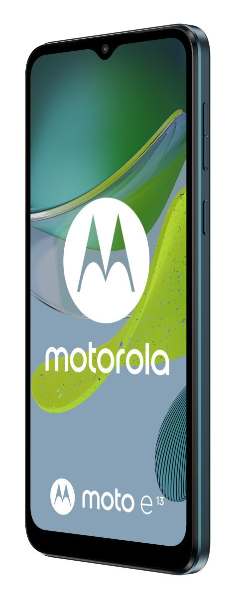 Telefon Motorola moto e13, niebieski, widok z boku pokazujący ekran z logo. Białe tło.