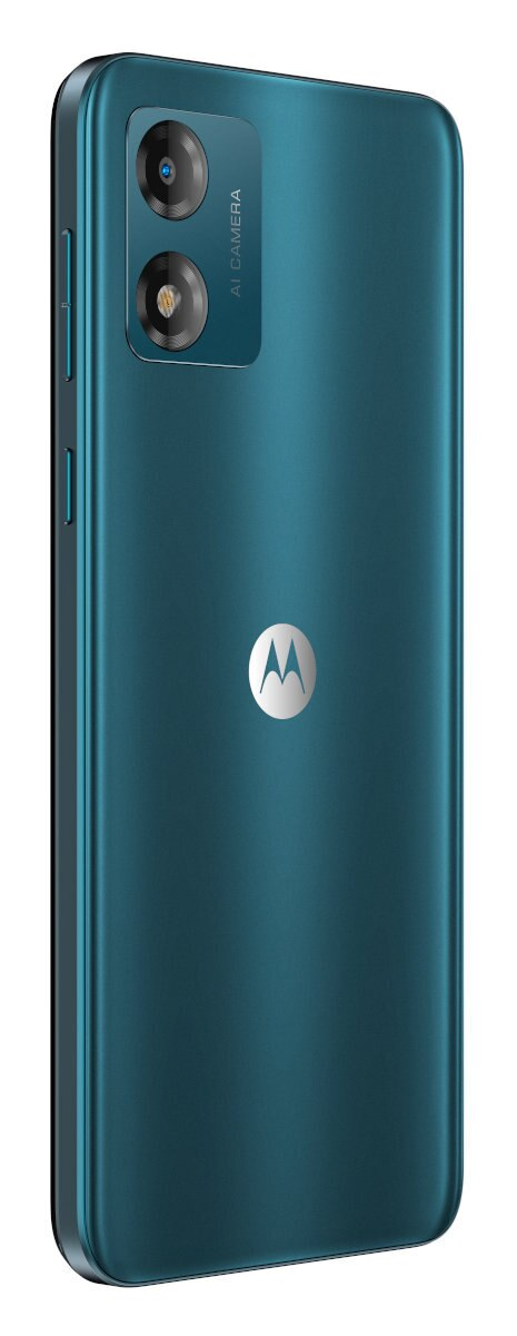 Zielony telefon Motorola, widok z tyłu. Konfiguracja podwójnego aparatu i logo Motorola. Białe tło.