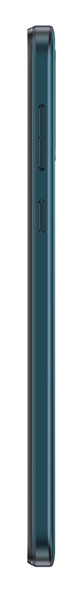 Widok z boku ciemnozielonego smartfona, pokazujący przyciski i smukłą ramkę.