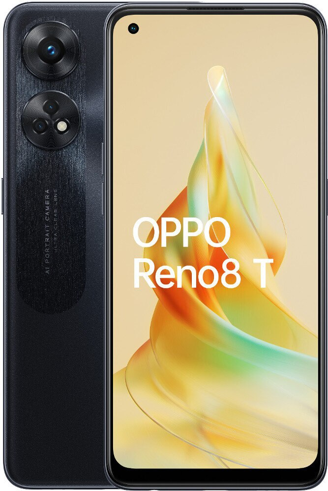 Czarny telefon Oppo Reno8 T z podwójnymi aparatami i nazwą telefonu na ekranie. Tło to rozmyty, abstrakcyjny wzór.