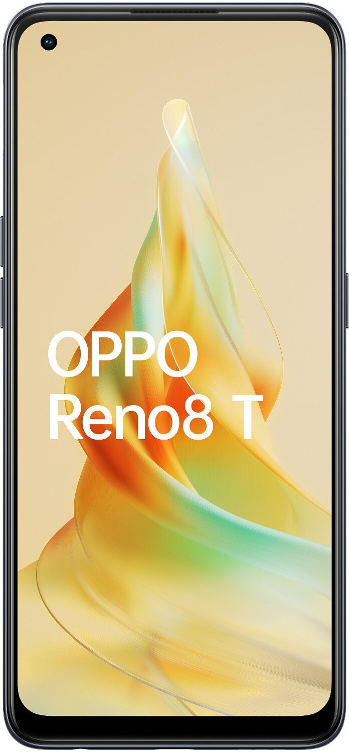 Czarny smartfon z ekranem z napisem 'OPPO Reno8 T'.