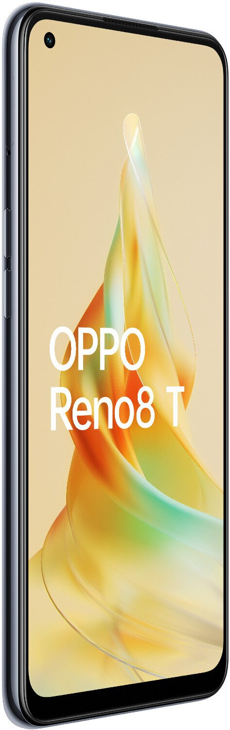 Smartfon z perspektywy, pokazujący ekran z tekstem 'OPPO Reno8 T' na beżowym tle.