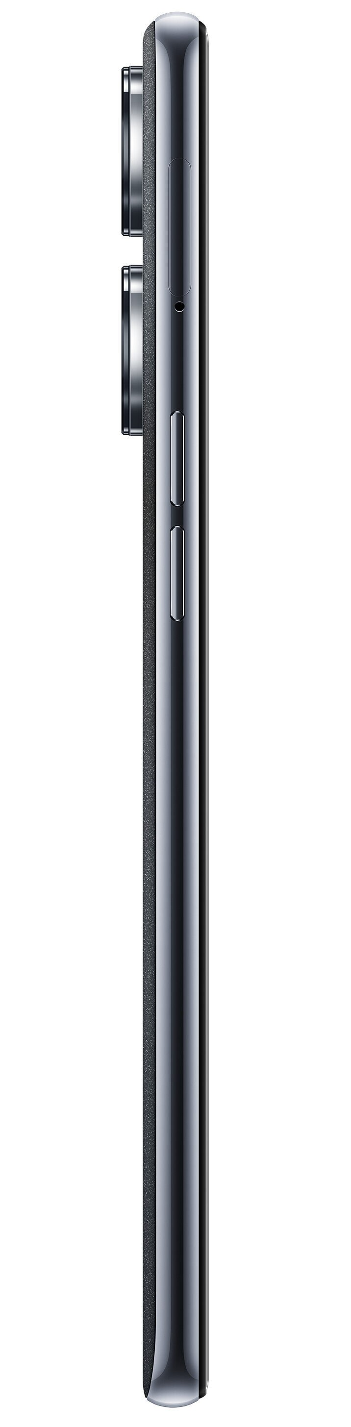 Widok z boku ciemnoszarego smartfona. Ma dwa aparaty i dwa przyciski z boku.